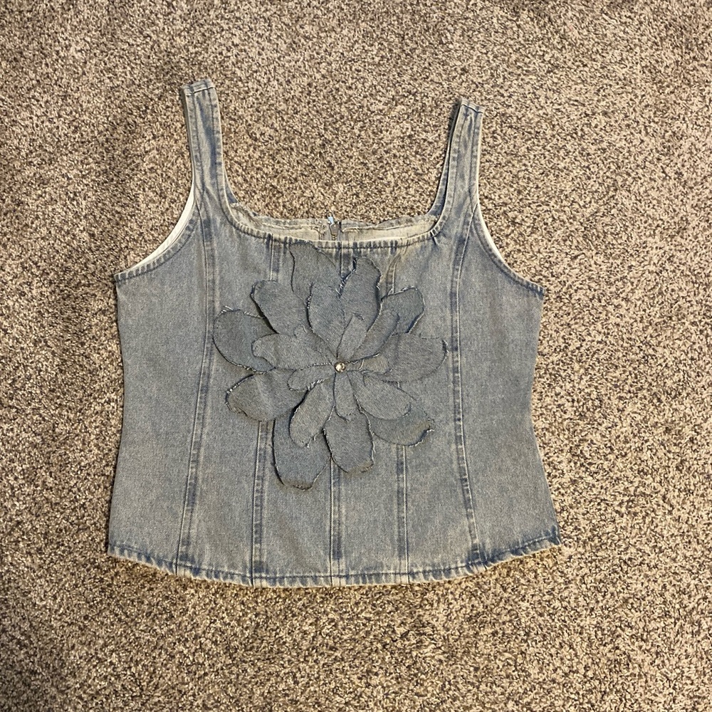 Stylish Denim Crop Top with Floral Accent